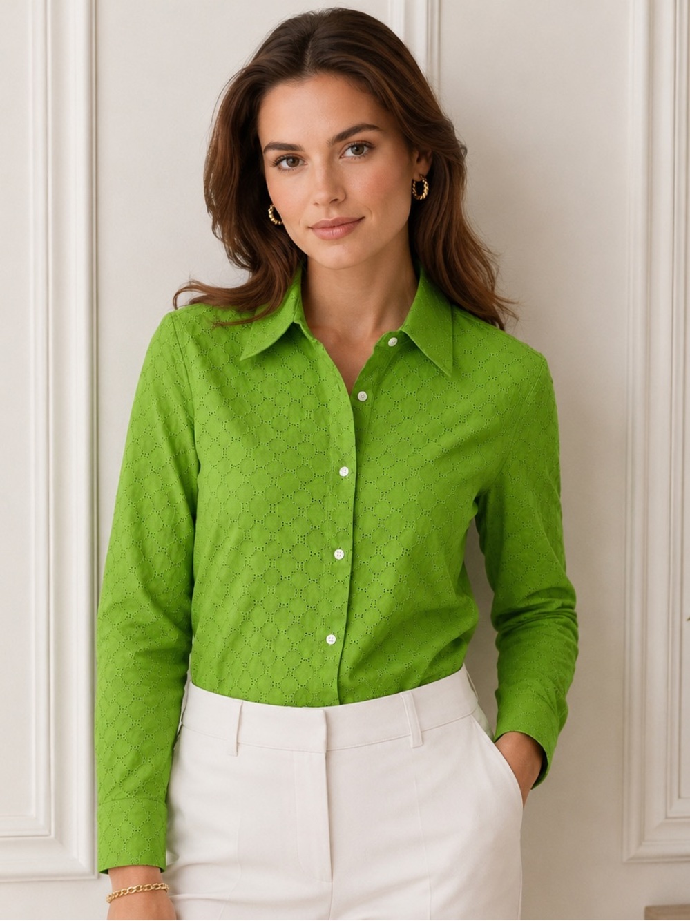 Talbots Green Eyelet Button Down Shirt M 100% Cotton Long Sleeve Career Chic